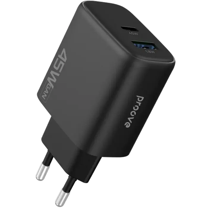 Incarcator Proove, Silicone Power 45W, USB+Type-C, (fara cablu), Black Incarcator Proove, Silicone Power 45W, USB+Type-C, (fara cablu), Black