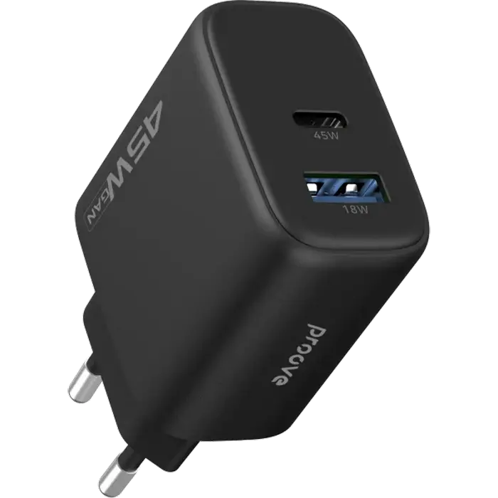 Incarcator Proove, Silicone Power 45W, USB+Type-C, (fara cablu), Black Incarcator Proove, Silicone Power 45W, USB+Type-C, (fara cablu), Black