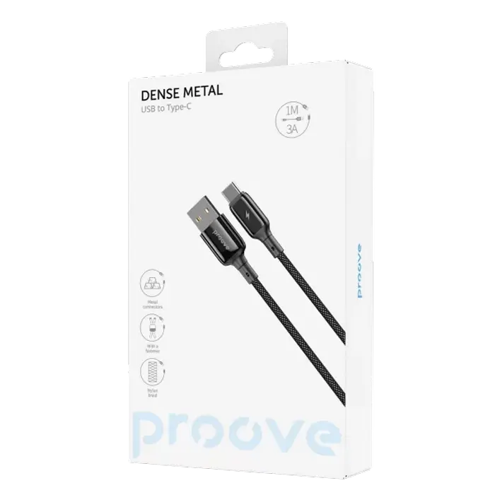 Cablu USB (Type-C), Proove Dense Metal 3A (1m), Black Cablu USB (Type-C), Proove Dense Metal 3A (1m), Black
