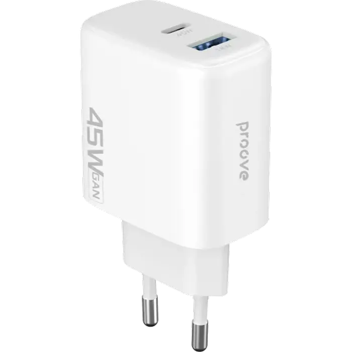 Incarcator Proove, Silicone Power 45W, USB+Type-C, (fara cablu) White