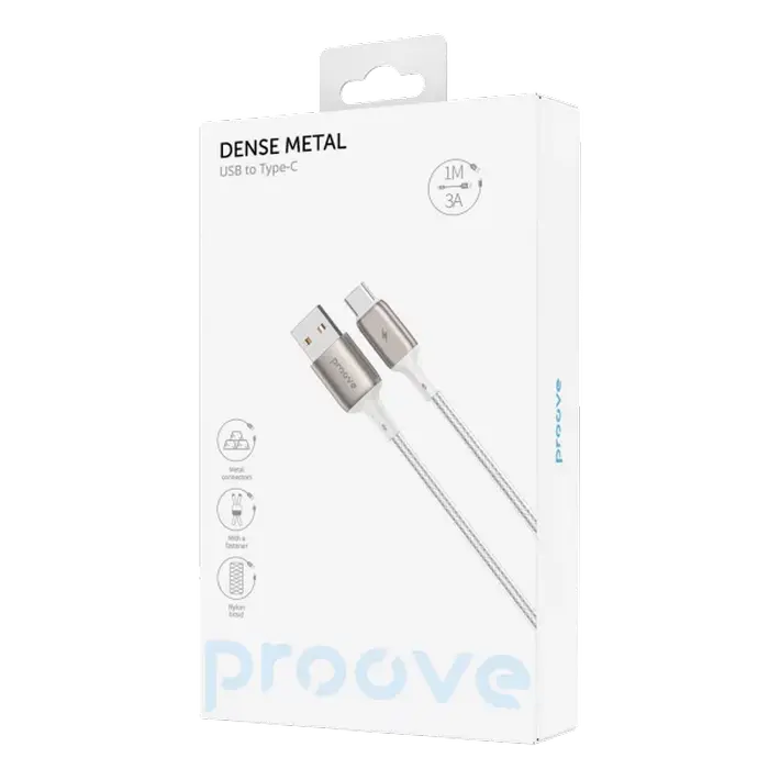 Cablu USB (Type-C), Proove Dense Metal 3A (1m), White Cablu USB (Type-C), Proove Dense Metal 3A (1m), White