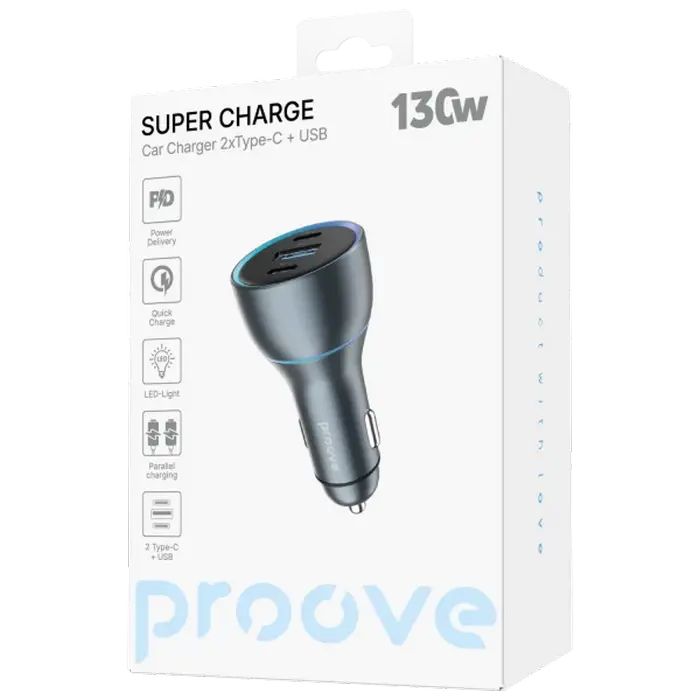 Car Charger Proove Super Charge 130W (2 Type-C + USB) Metal Gray Car Charger Proove Super Charge 130W (2 Type-C + USB) Metal Gray