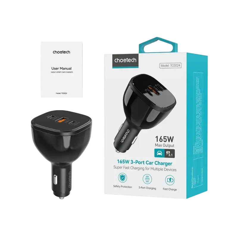 Incărcător auto Choetech TC0024 Negru - 165 W | USB Type-A ,USB Type-C Incărcător auto Choetech TC0024 Negru - 165 W | USB Type-A ,USB Type-C
