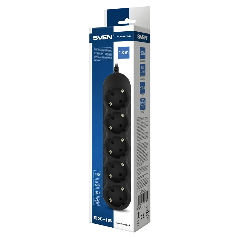 Prelungitor electric SVEN EX-I5 Negru - 1.8 m | 2200 W | 5 Prelungitor electric SVEN EX-I5 Negru - 1.8 m | 2200 W | 5