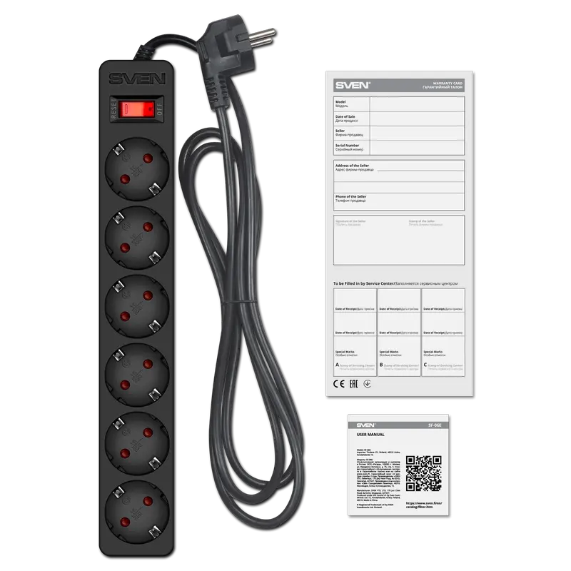 Prelungitor electric SVEN SF-06E Negru - 3 m | 2300 W | 6 Prelungitor electric SVEN SF-06E Negru - 3 m | 2300 W | 6
