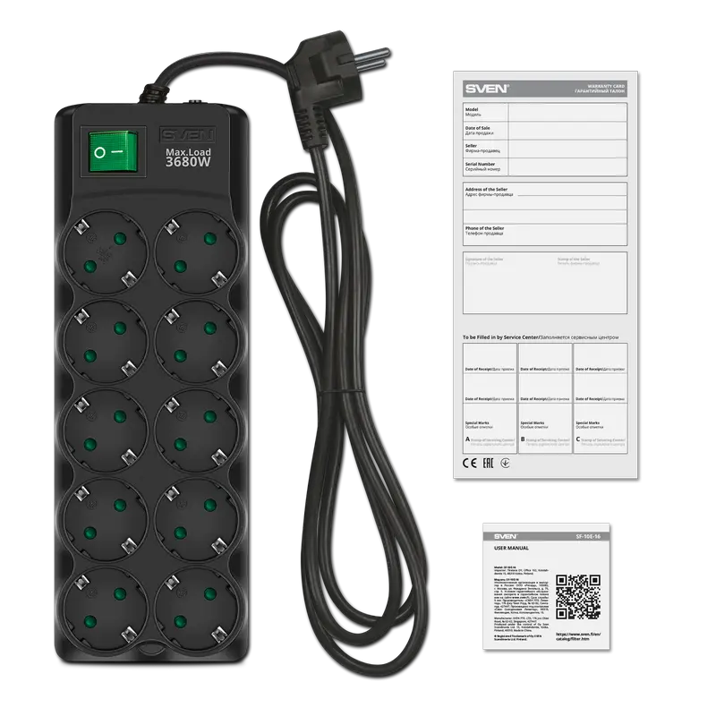 Prelungitor electric SVEN SF-10E-16 Negru - 1.8 m | 3680 W | 10 Prelungitor electric SVEN SF-10E-16 Negru - 1.8 m | 3680 W | 10