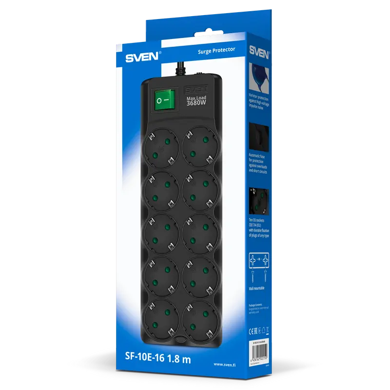 Prelungitor electric SVEN SF-10E-16 Negru - 1.8 m | 3680 W | 10 Prelungitor electric SVEN SF-10E-16 Negru - 1.8 m | 3680 W | 10
