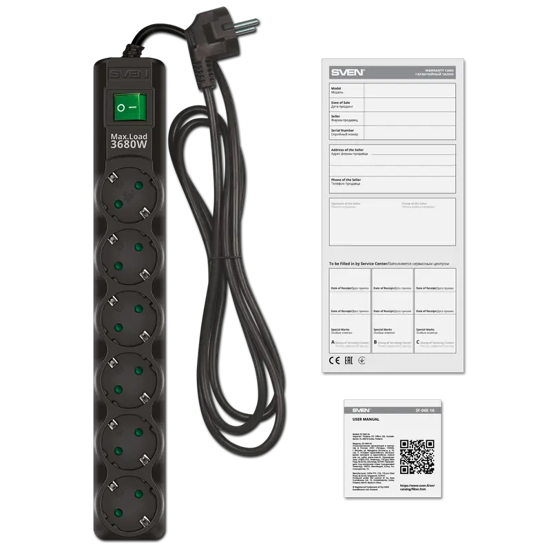 Prelungitor electric SVEN SF-06E-16 Negru - 1.8 m | 3680 W | 6 Prelungitor electric SVEN SF-06E-16 Negru - 1.8 m | 3680 W | 6