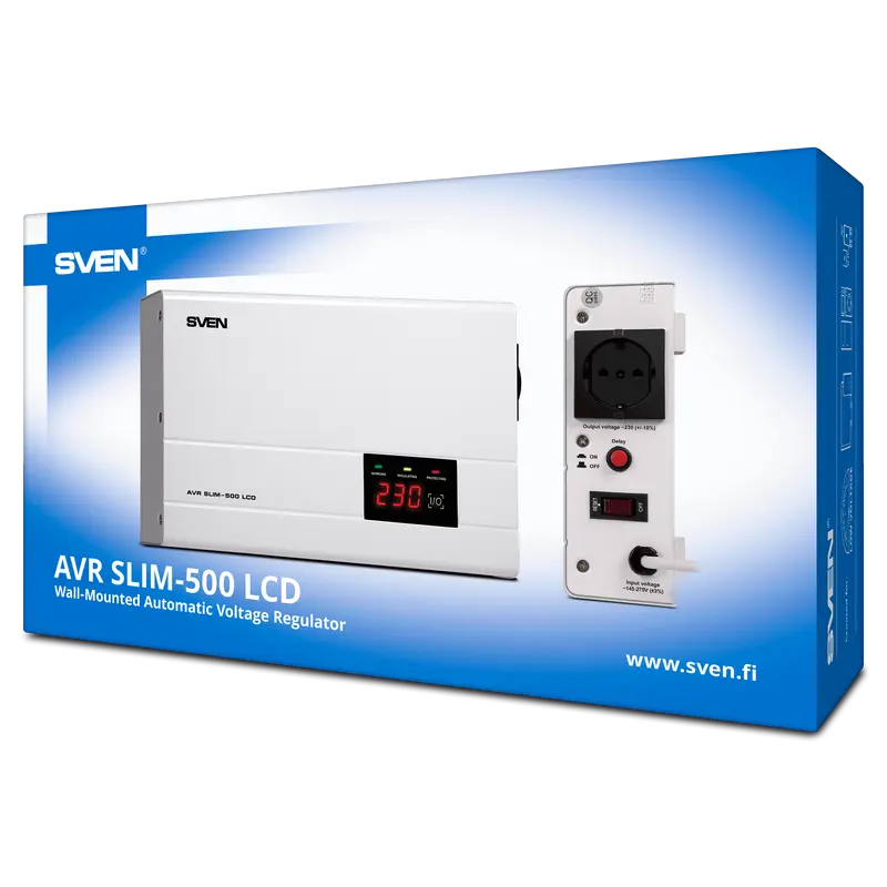 Stabilizator de Tensiune SVEN SLIM AVR-500 LCD Alb - 500 VA | 400 W Stabilizator de Tensiune SVEN SLIM AVR-500 LCD Alb - 500 VA | 400 W
