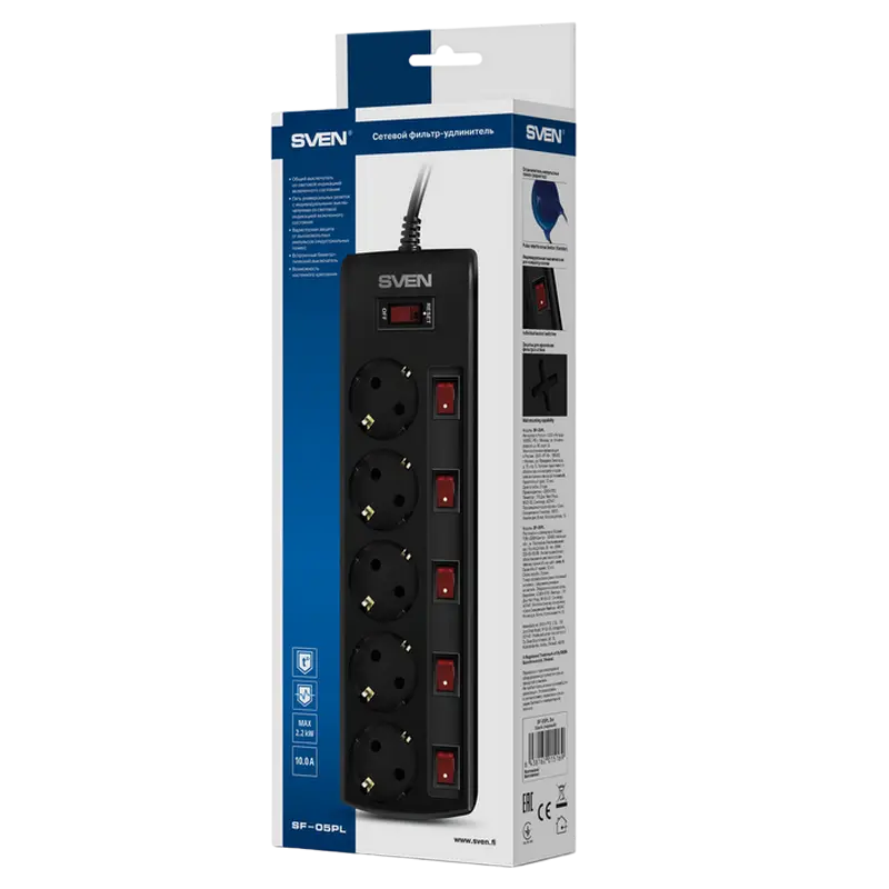 Prelungitor electric SVEN SF-05PL Negru - 3 m | 2300 W | 5 Prelungitor electric SVEN SF-05PL Negru - 3 m | 2300 W | 5