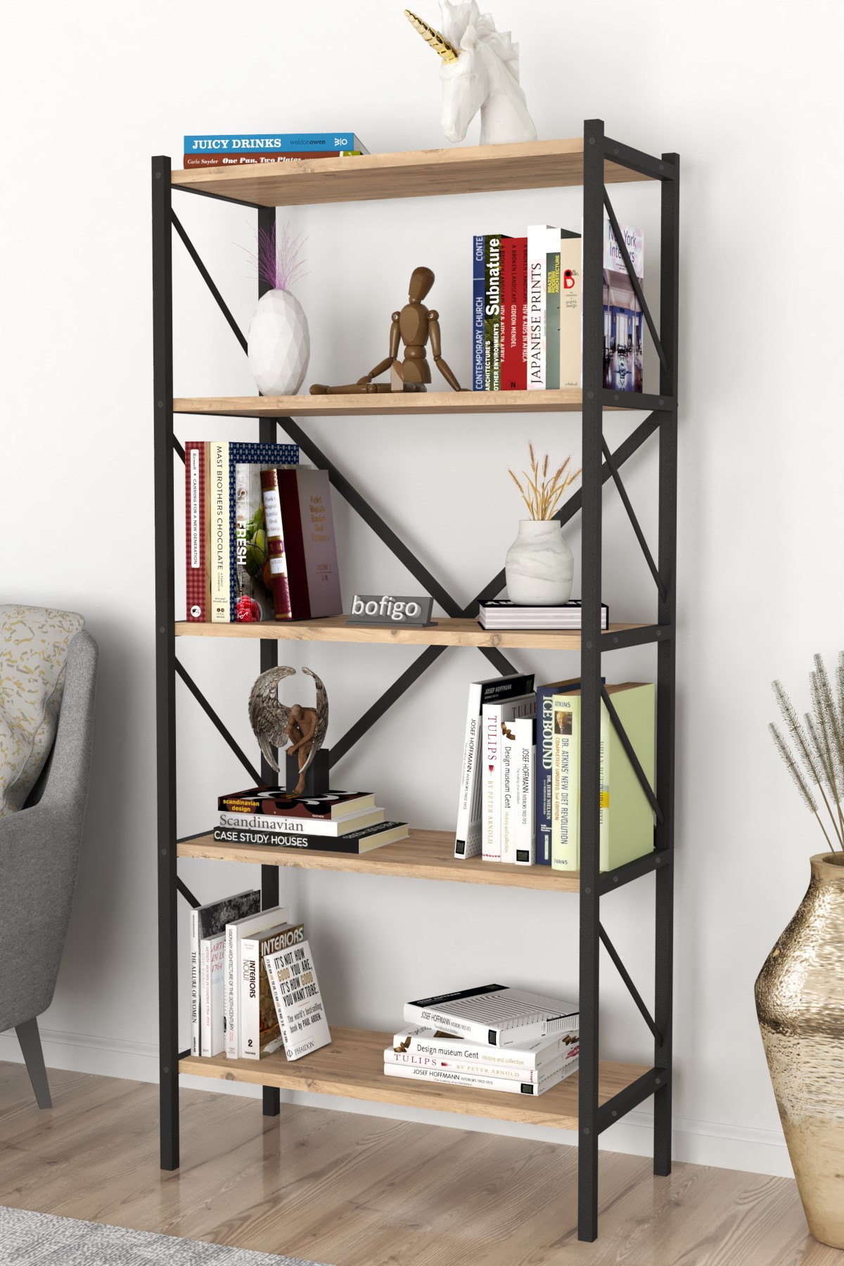  Книжный шкаф с 5 отделениями Smyrna Nex Home 64 x 30 x 157 см, Дуб
