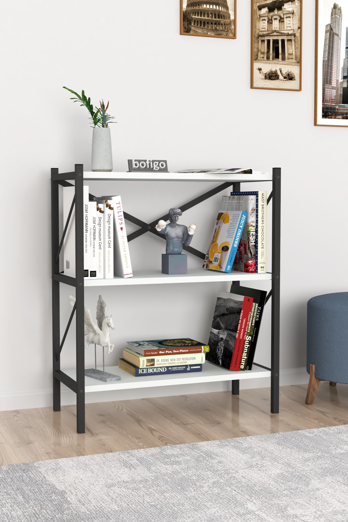  Библиотека в металлическом каркасе с 3 отделениями Nex Home 66 x 35 x 85 см, Белый