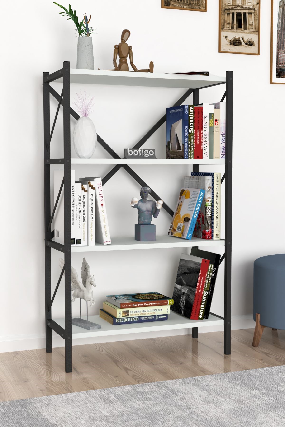  Библиотека в металлическом каркасе с 4 отделениями Nex Home 66 x 35 x 120 см, Белый