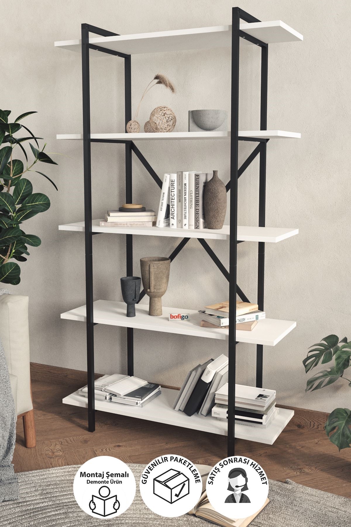  Книжный шкаф с 5 отделениями Teos Nex Home 90 x 29,7 x 159 см, Белый