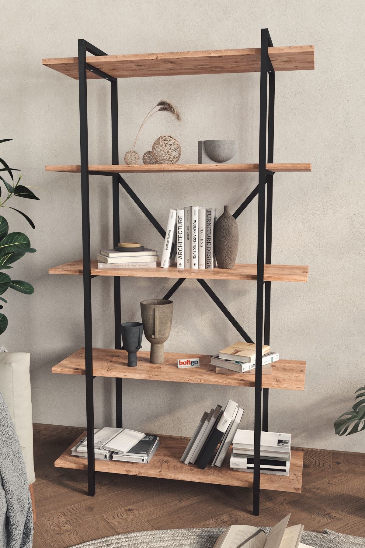  Книжный шкаф с 5 отделениями Teos Nex Home 90 x 29,7 x 159 см, Дуб