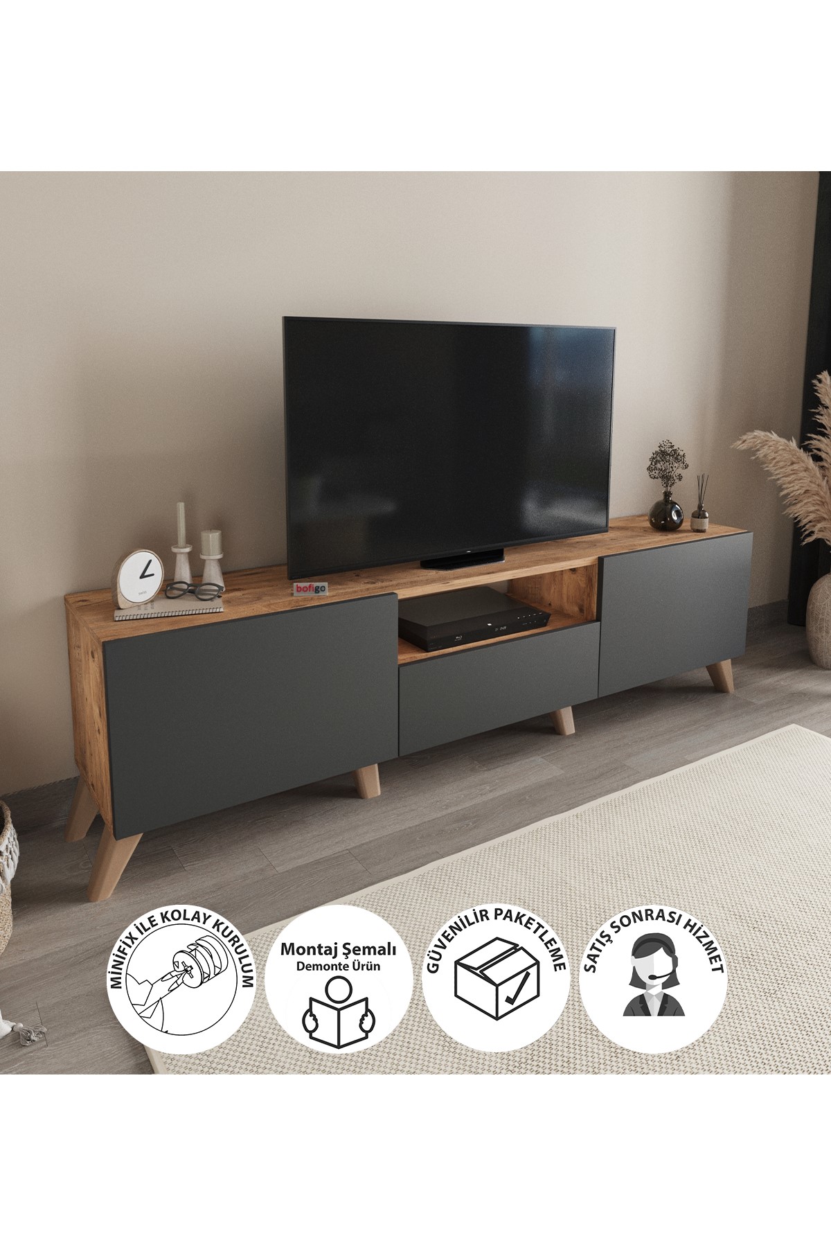  Декоративная тумба под телевизор с металлическим каркасом Nex Home 160 см, Дуб/Антрацит