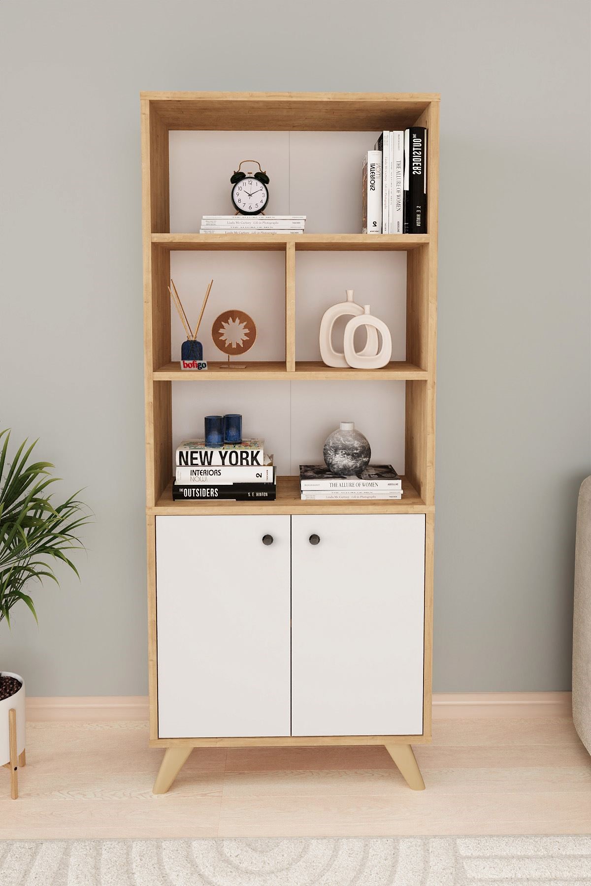  Книжный шкаф с 6 отделениями Smyrna Nex Home 64 x 30 x 157 см, Дуб/Белый