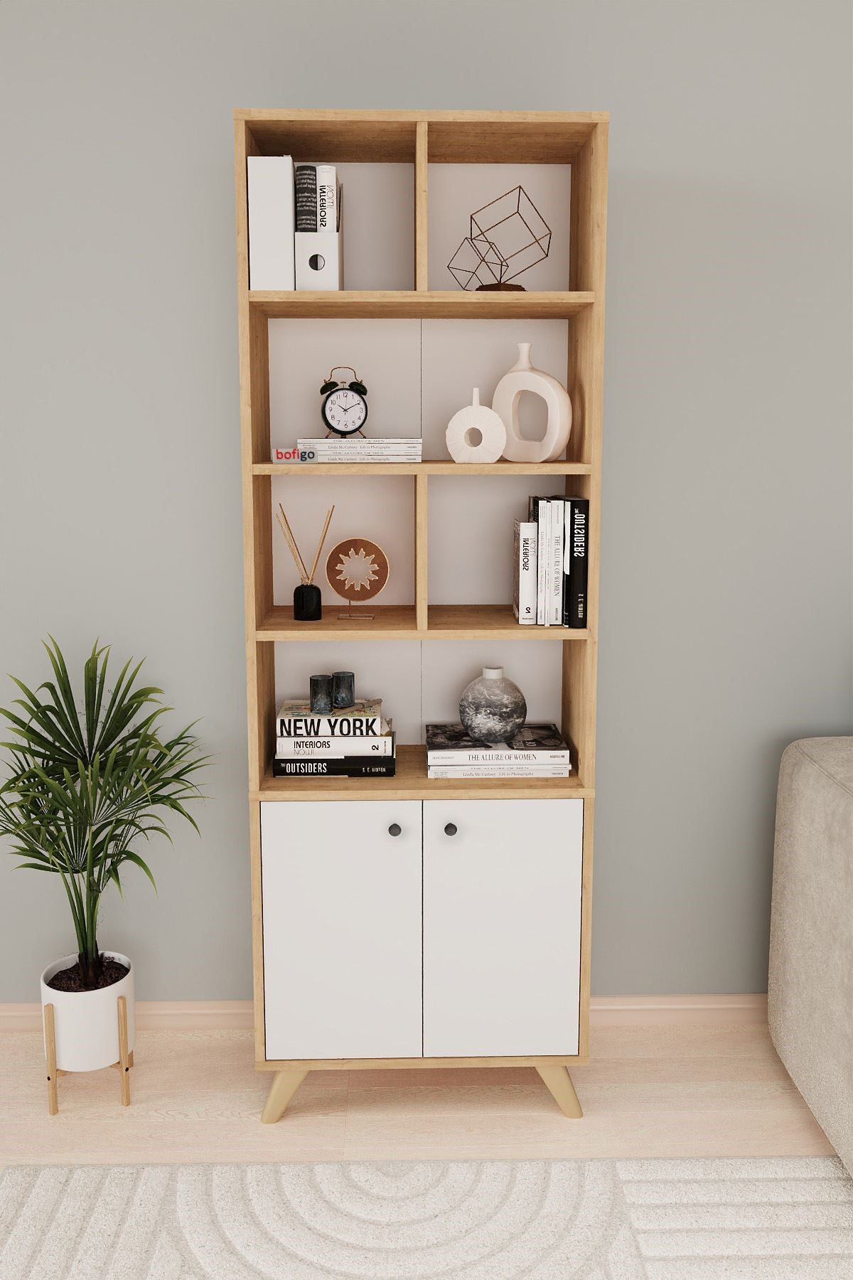  Книжный шкаф с 8 отделениями Smyrna Nex Home 64 x 30 x 187 см, Дуб/Белый