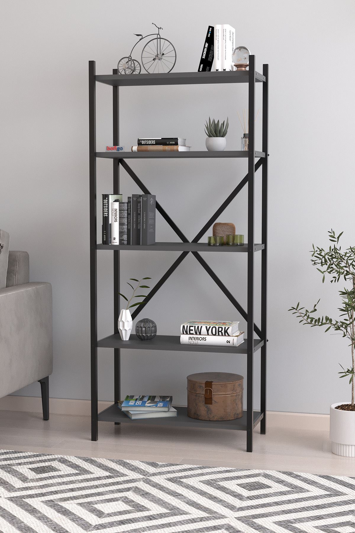 Библиотека в металлическом каркасе с 5 отделениями Troya Nex Home 63 x 31 x 145 см, Антрацит
