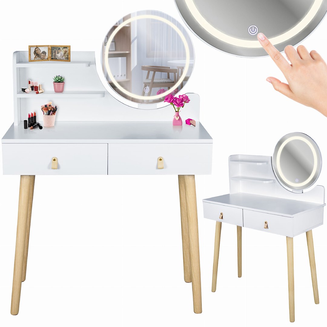  Туалетный столик Scandi 3 с круглым светодиодным зеркалом 40см, Jumi, 125х80х40см, Белый